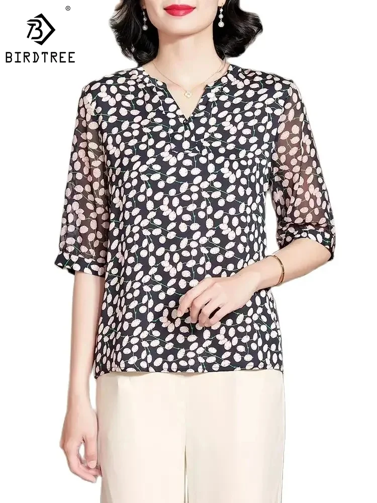 

BirdTree,Shirt for Women,91% Mulberry Silk,Half Sleeve V Neck Print,Retro Elegant OL Blouses,2024 Spring New Tops,T42319QM