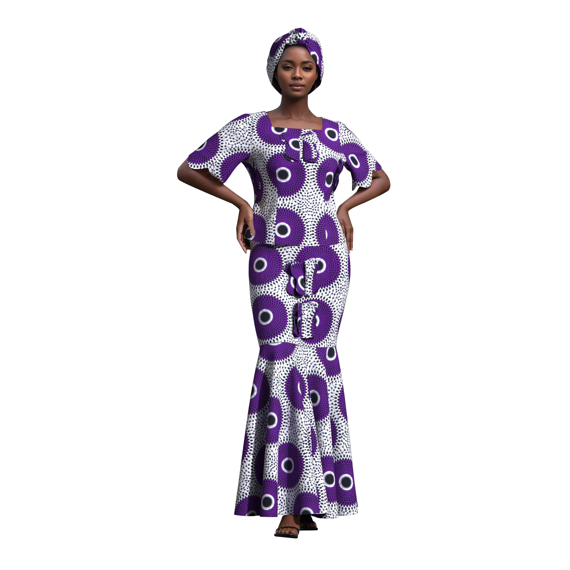 African Ankara Print 2 Piece Set Women Short Sleeve Mermaid Maxi Dress Matching Headwrap Dashiki Outfit Wedding Party Clothing
