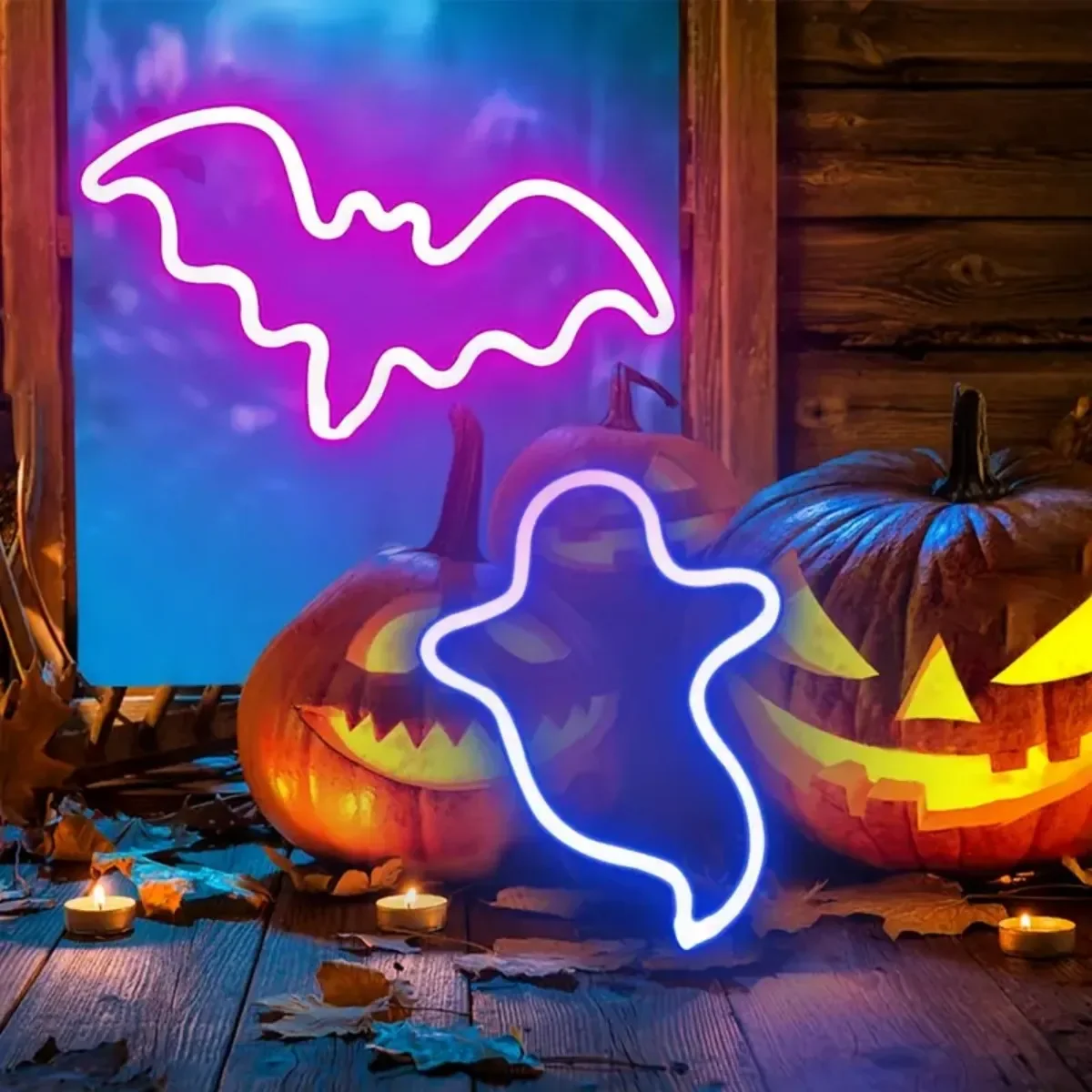 Pop 1PC Halloween Bat And Ghost Shape Neno Sign Light LED Neon Decorative Night Light Atmosphere Table Lamp For Bedroom Indoor D