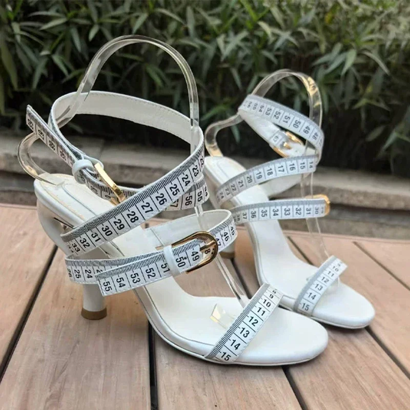 White Measuring Tape Cross Strap Buckles Shape Heel Sandals Woman Summer 2026 Black Open Toe High Heels Fashion Women's Shoes