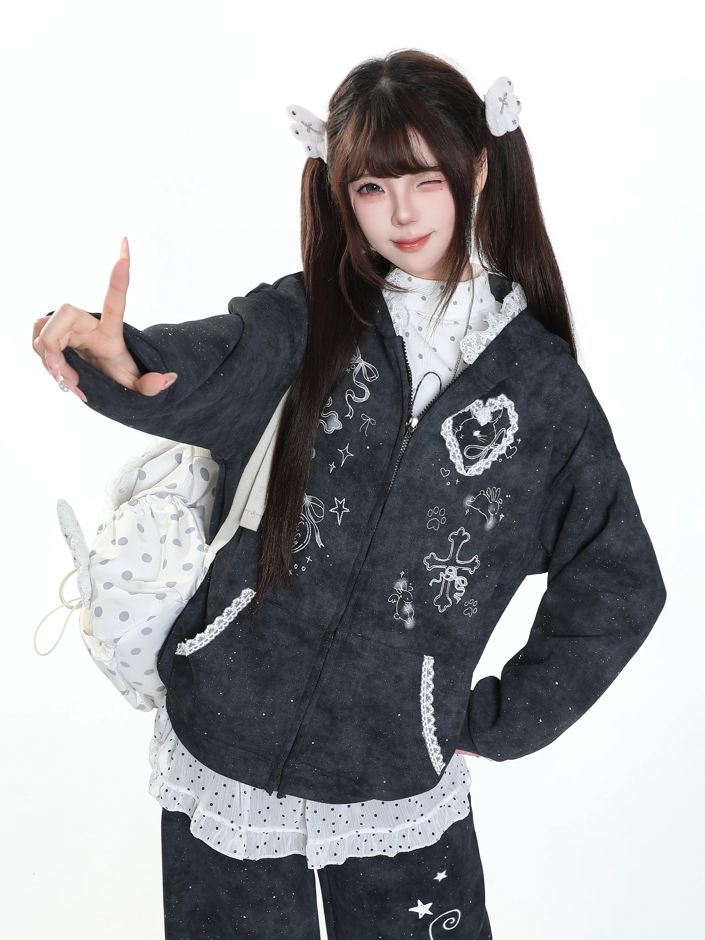 Cute Lace Patchwork Hooded Zipper Sweatshirt Women's Loose Casual Y2K Jacket Sweet Style Long Sleeve Heart Pattern Sweatshirt