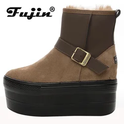 Fujin 7cm New Cow Suede Natural Genuine Leather autunno Platform Wedge stivaletti autunno donna inverno peluche stivaletti scarpe roma