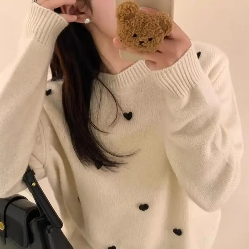 女性用ハートレースセーター,カジュアル,ラウンドネック,ニット,快適,トレンディ,ルーズトップス,秋冬,ニューコレクション2022