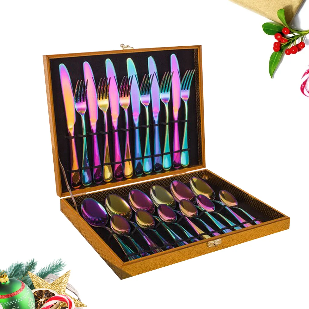 

24 in 1 Stainless Steel Tableware Set Spoon Fork Cutlery Wooden Box Western Dinnerware Supplies (Colorful)