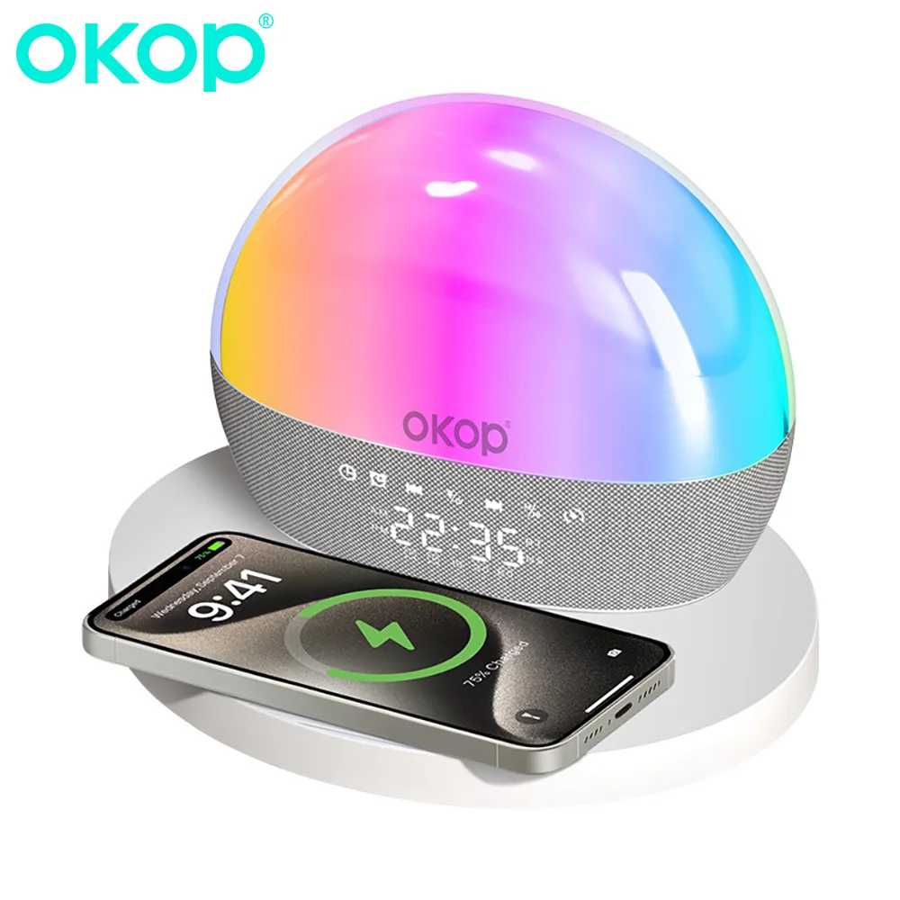 

OKOP Desktop Bluetooth Speaker 15W Wireless Charging Alarm Clock Timer RGB Atmosphere Light White Noise Music Party home theater