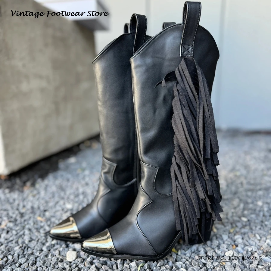 

Retro Suede Fringed Cowboy Boots Western Pointed Toe Wedges Pull On Casual Shoes 2025 Spring Autumn Vintage Knee-high Boots