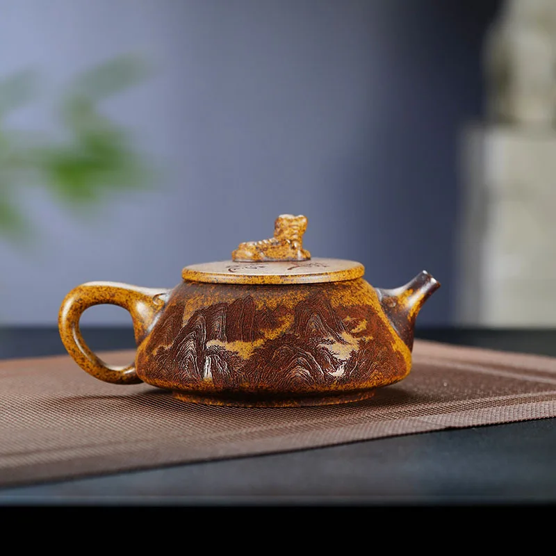 320ml Yixing Zisha Teapot Shi Piao Shape tiger Beast Knob Mountain Landscape Relief Hand‑Carved Purple Clay Teapot Chinese Kung