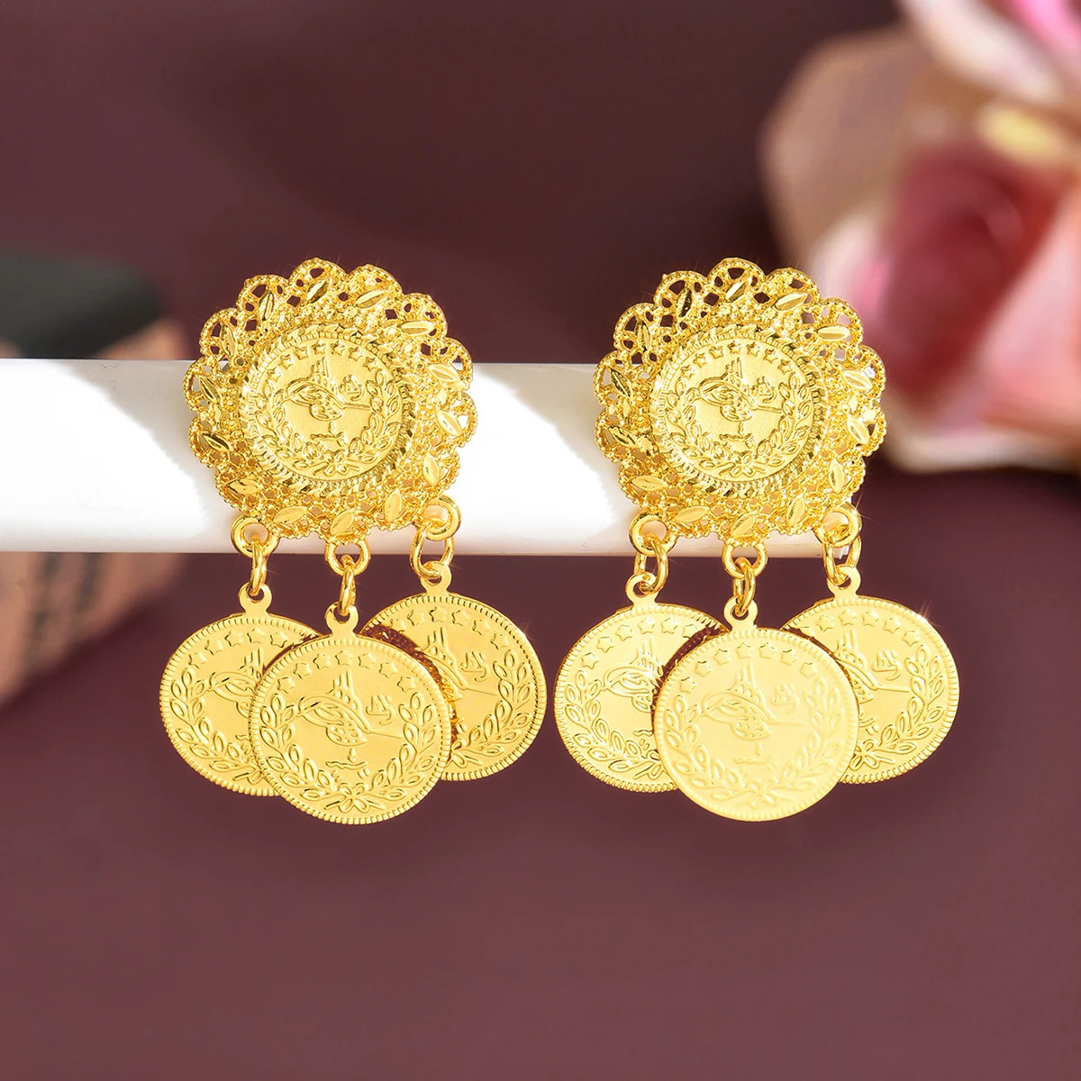 Middle Eastern Vintage Coin Pendant Women's Ethnic Carved Metal Pin for Evening Gown Chest