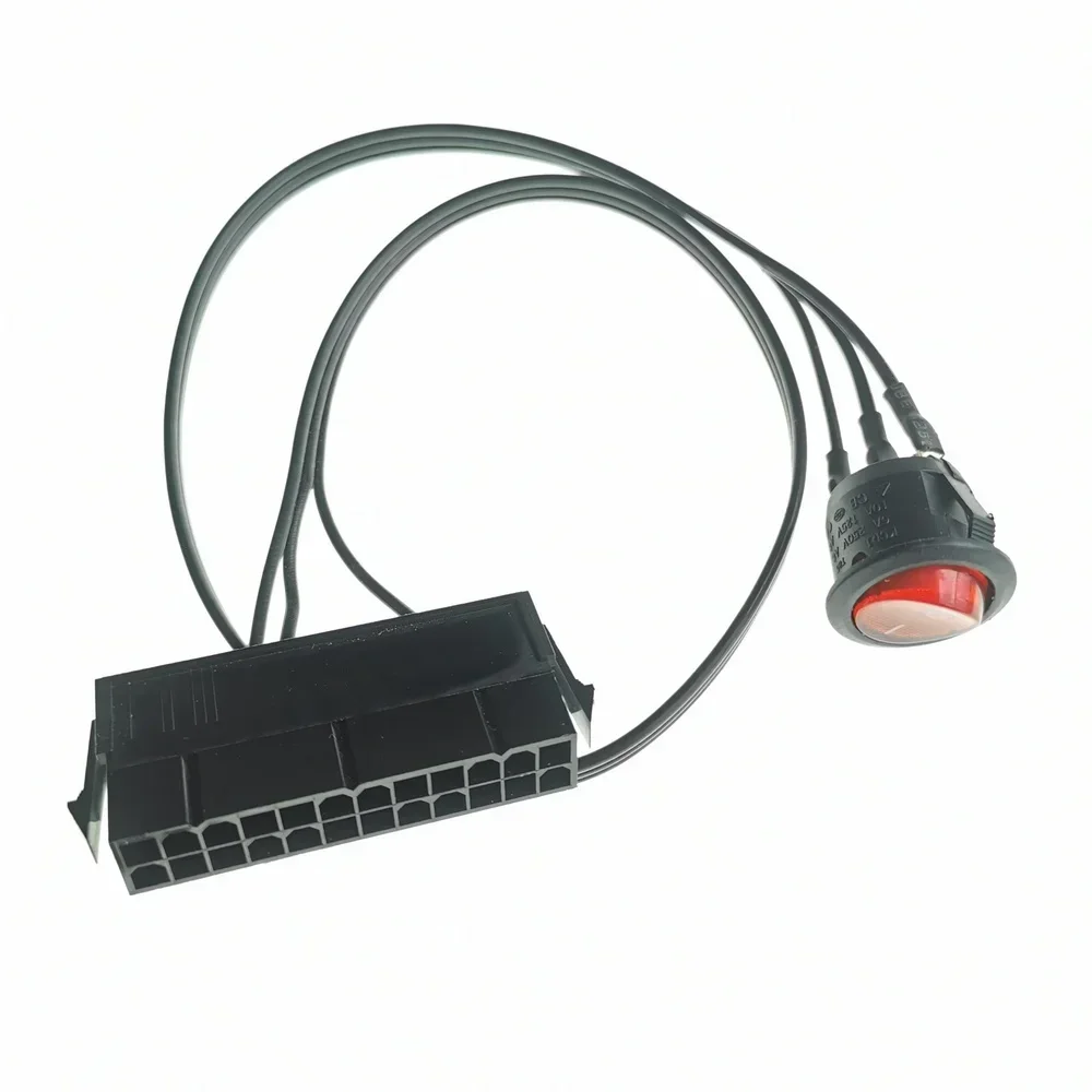 PC Server ATX PSU 24Pin Female Socket Starter Switch Button Power Cable 18AWG Self-Lock Boat Shape 50cm Red Indicator Light