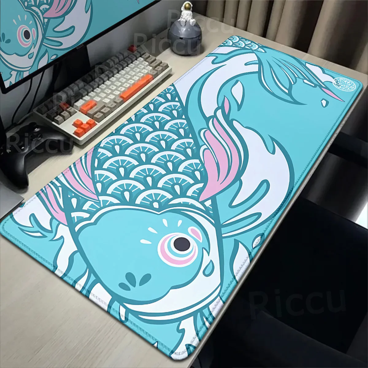 XXL Rising Sun Large Gaming Mouse Pad Japanese Koi Deskmat Black and Red Lock Edge Mousepad Yin-yang Fish Non-slip Keyboard Rugs