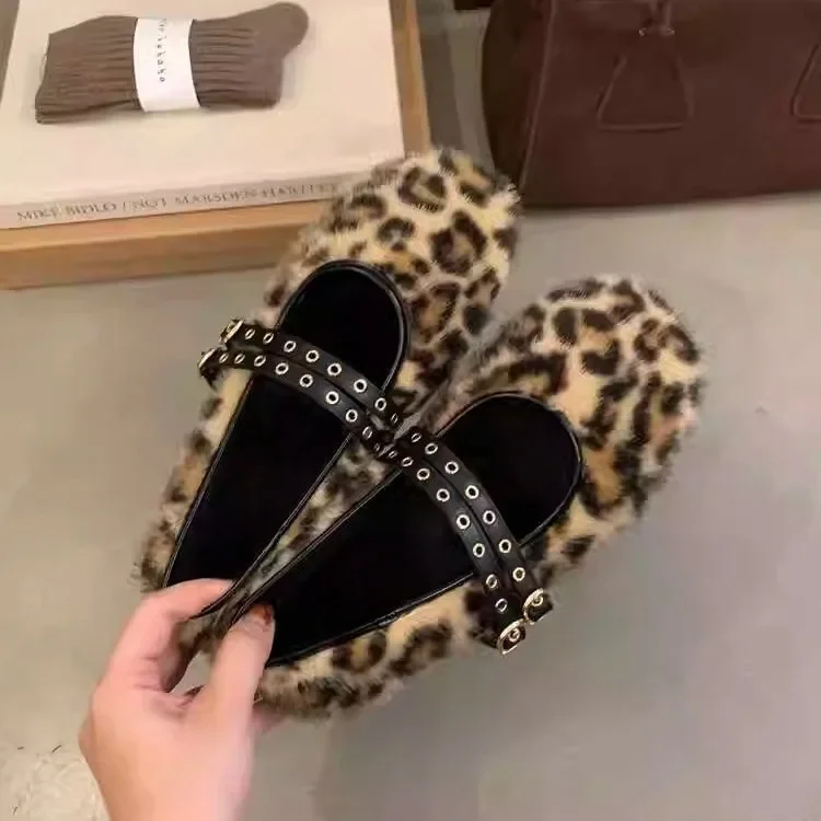 

Корейские пушистые туфли с леопардовым принтом, женские осенне-зимние мягкие балетки на плоской подошве с бархатным балетом, туфли Мэри Джейн, туфли Doudou, Zapatos