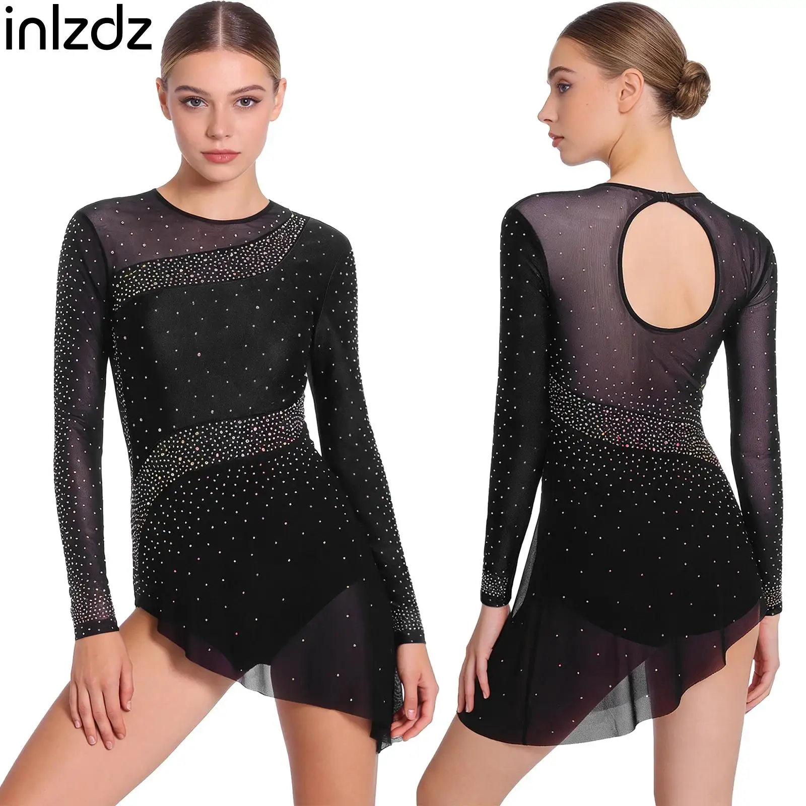 

Женское платье-боди для фигурного катания с длинными рукавами, стразами и пуговицами на промежуточной части, для выступлений на сцене в латинских танцах и танго