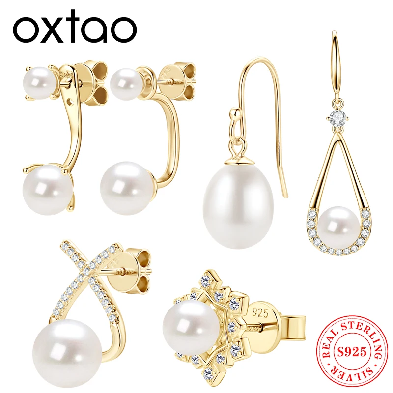 

OXTAO Freshwater White Pearl Bread Round Shape Stud Earrings 925 Silver 14K Yellow Plated Ladies Classic Elegant Jewelry Gifts