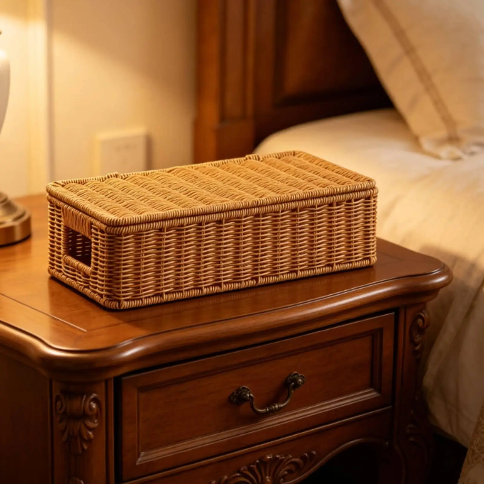 Long Rectangular Desktop Storage Container with Attached Lid Imitation Rattan Storage Box for Bedside Dorm Organizer