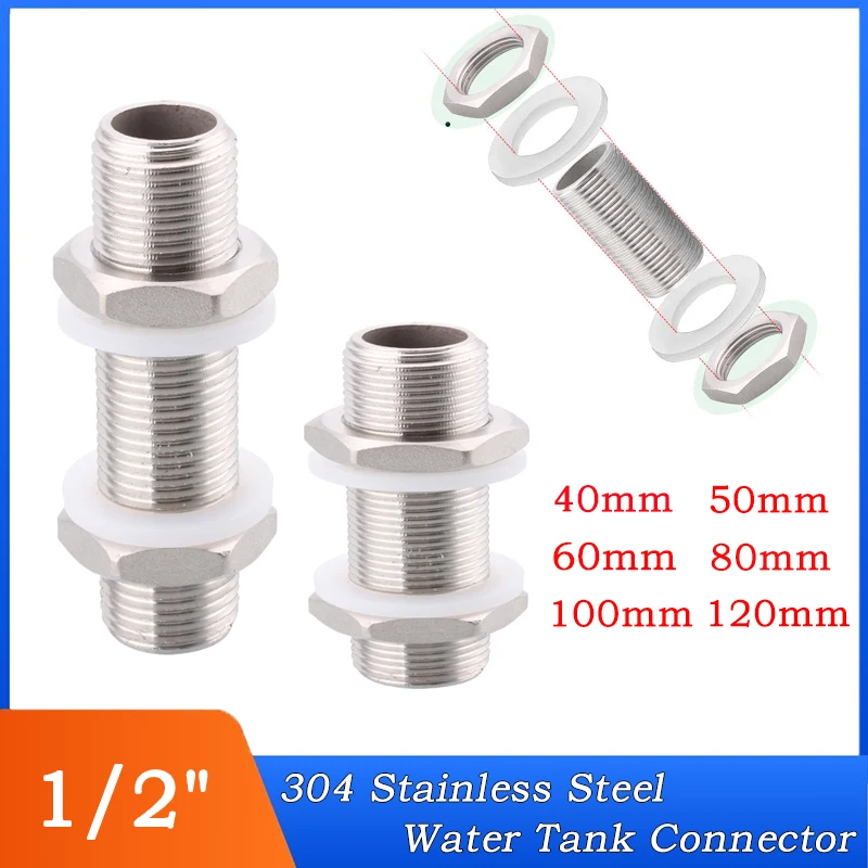 

1~10pcs 1/2" BSP Length: 40/50/60/80/100/120mm 304 Stainless Steel Full Thread Bulkhead Lock Pipe Fitting Connector