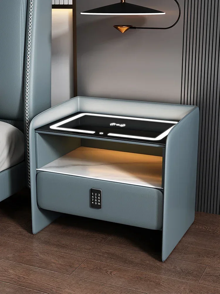 

Modern Style Smart Bedside Table with Wireless Charging, Multi-Function Wood 1 Drawer Nightstand with Password Lock