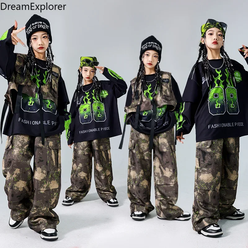 Girls K-pop Sweatshirt Camouflage Vest Military Cargo Pants Boys Hip Hop Costumes Child Streetwear Kids Jazz Dance Clothes Sets