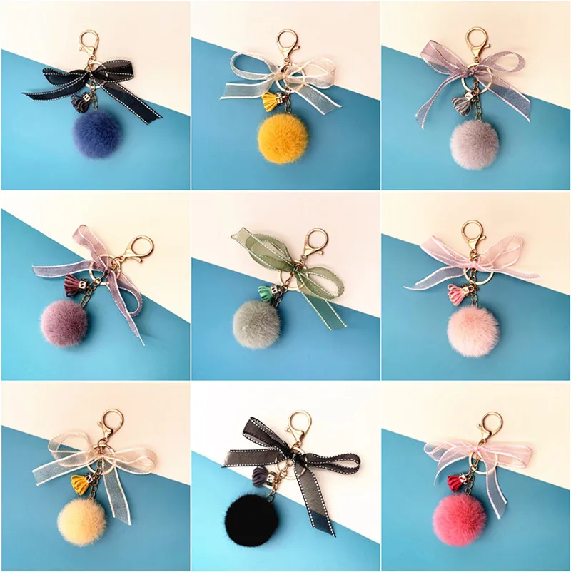 

Trendy New Years GIft Cute Fluffy Ball Pendant Romantic Bowknot Krychain Cartoon Car Key Accessories Many Colors Available