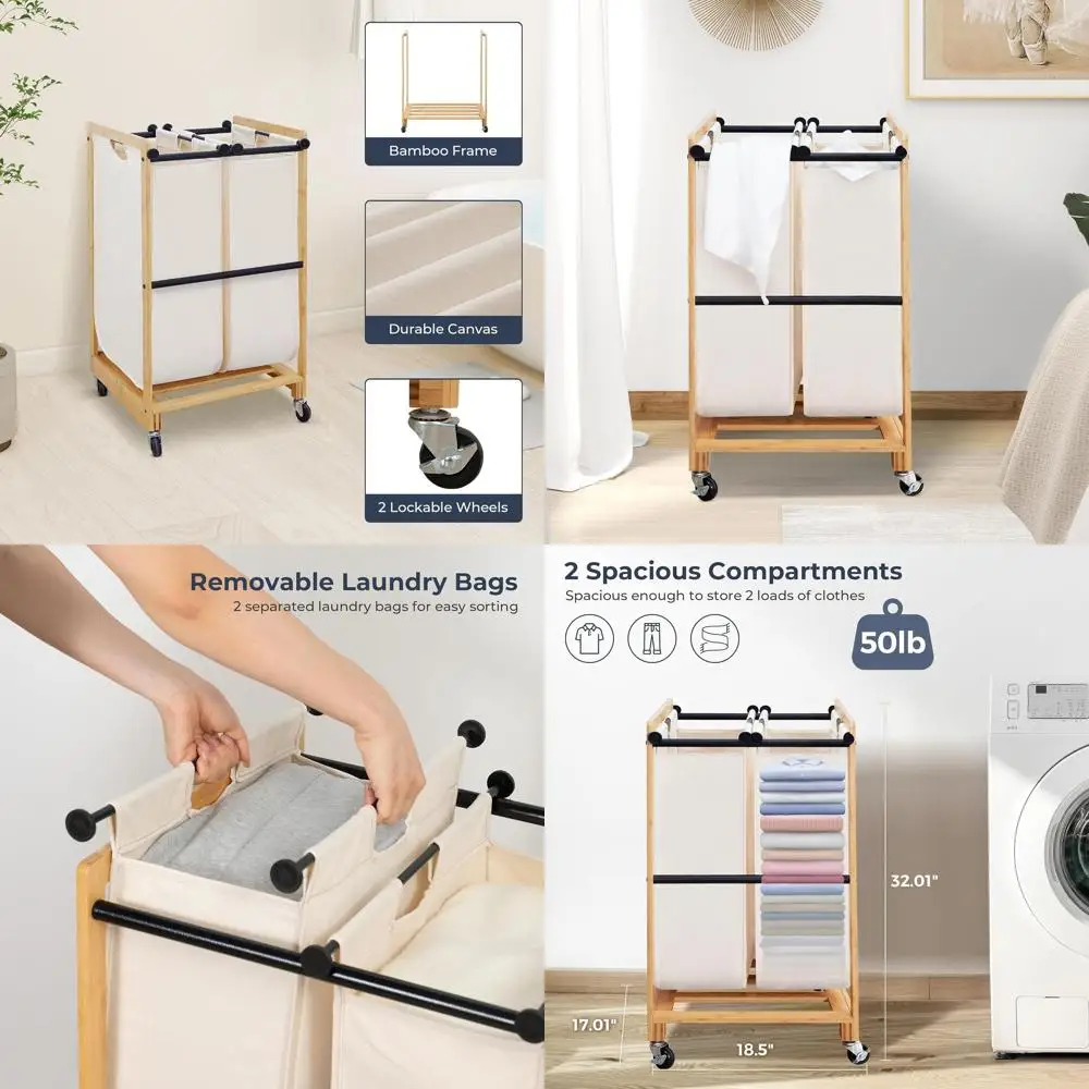

2-Section Bamboo Framed Laundry Sorter Hamper with Rolling Cart and Removable Bags for Clothes Storage in Laundry Room and Bedro