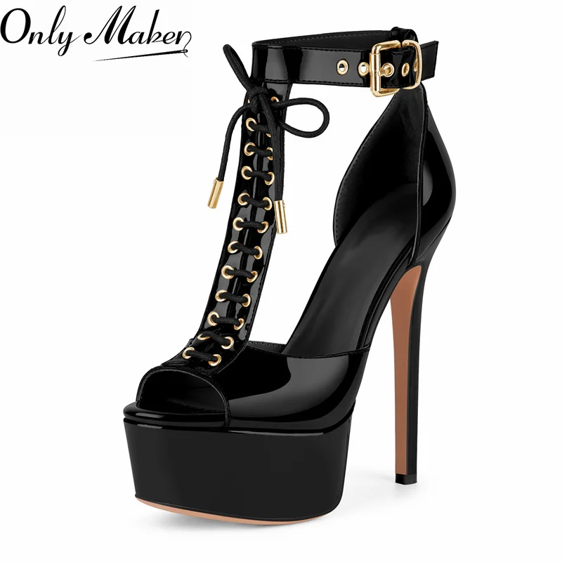 

Женские босоножки Onlymaker на платформе с открытым носком, с Т-образным ремешком и пряжкой, на шнуровке, на шпильке, для вечеринок, большие размеры, с закрытой пяткой