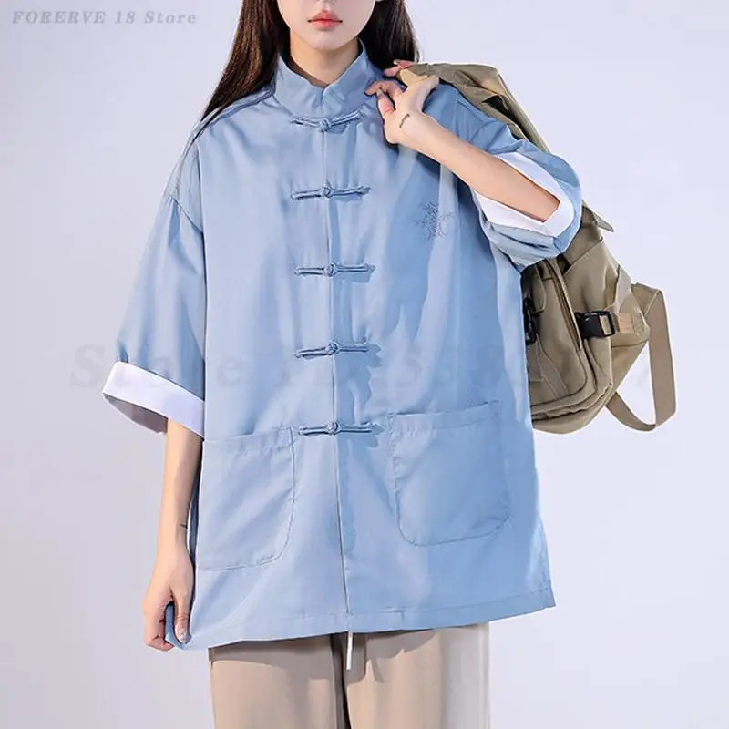 

Summer New Unisex Style Big Size Shirt Chinese Traditional Clothes Ice Silk Blouse Kungfu Jackets Vintage Button Casual Outwear