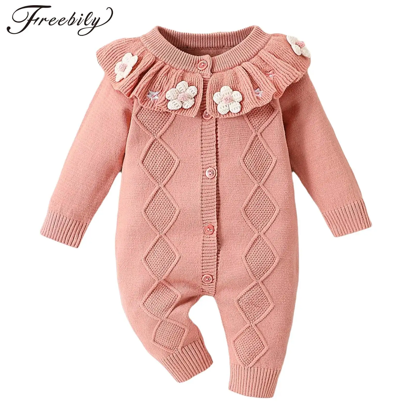 

Infant Baby Girls Cute Flowers Sweater Rompers Autumn Winter Ruffled Collar Long Sleeves Knitted Bodysuit Casual Toddler Clothes