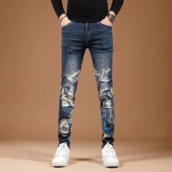 Pantalones vaqueros con estampado personalizado para hombre, jeans ajustados de calle con pies elásticos, de gama alta, a la moda, novedad de 2024