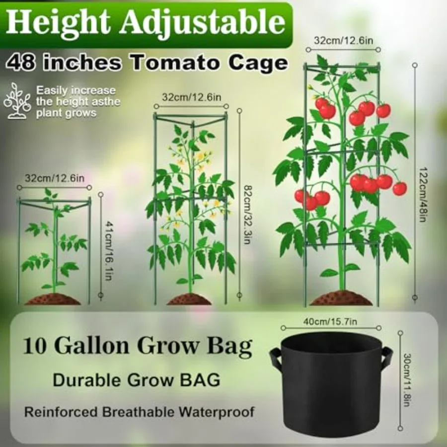 Garden plant support cages for climbing vegetables and fruits, galvanized steel, silver, 48-inch height with 10-gallon grow bag