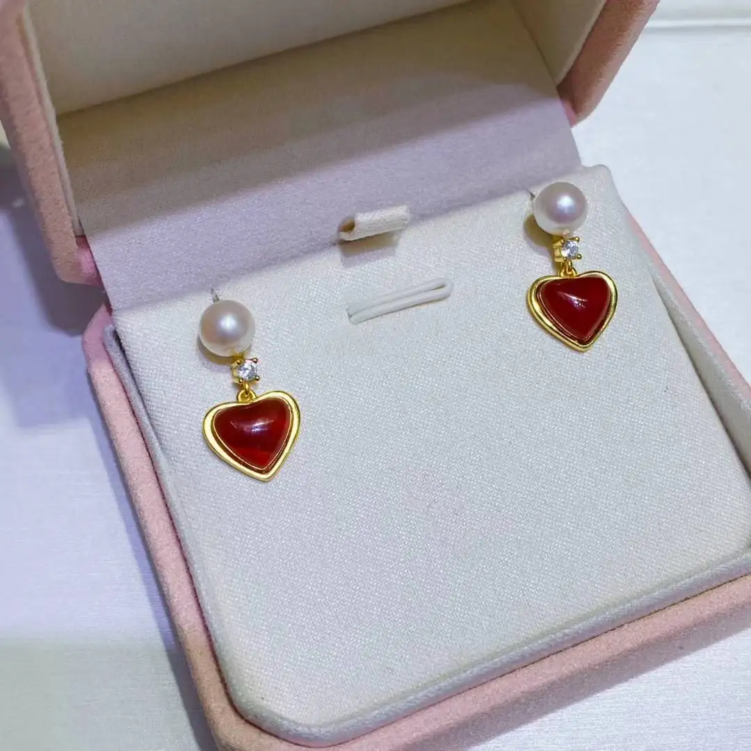 Red Heart Shape 925 Sterling Silver Earrings Mount Findings Settings Base Mounting Parts Accessory for 6-7mm Pearls 5 pairs/lot