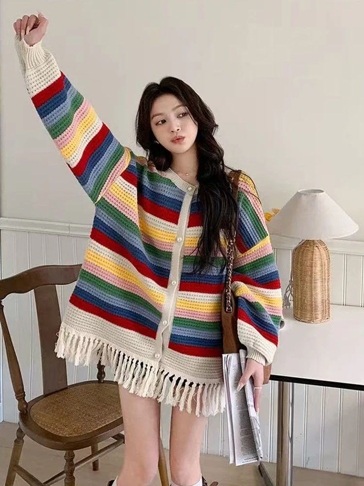 

Korean Striped Knit Cardigan Women Y2k Autumn Loose Single-breasted Long Sleeve Knitwear Fashion Tassels O Neck Female Coats