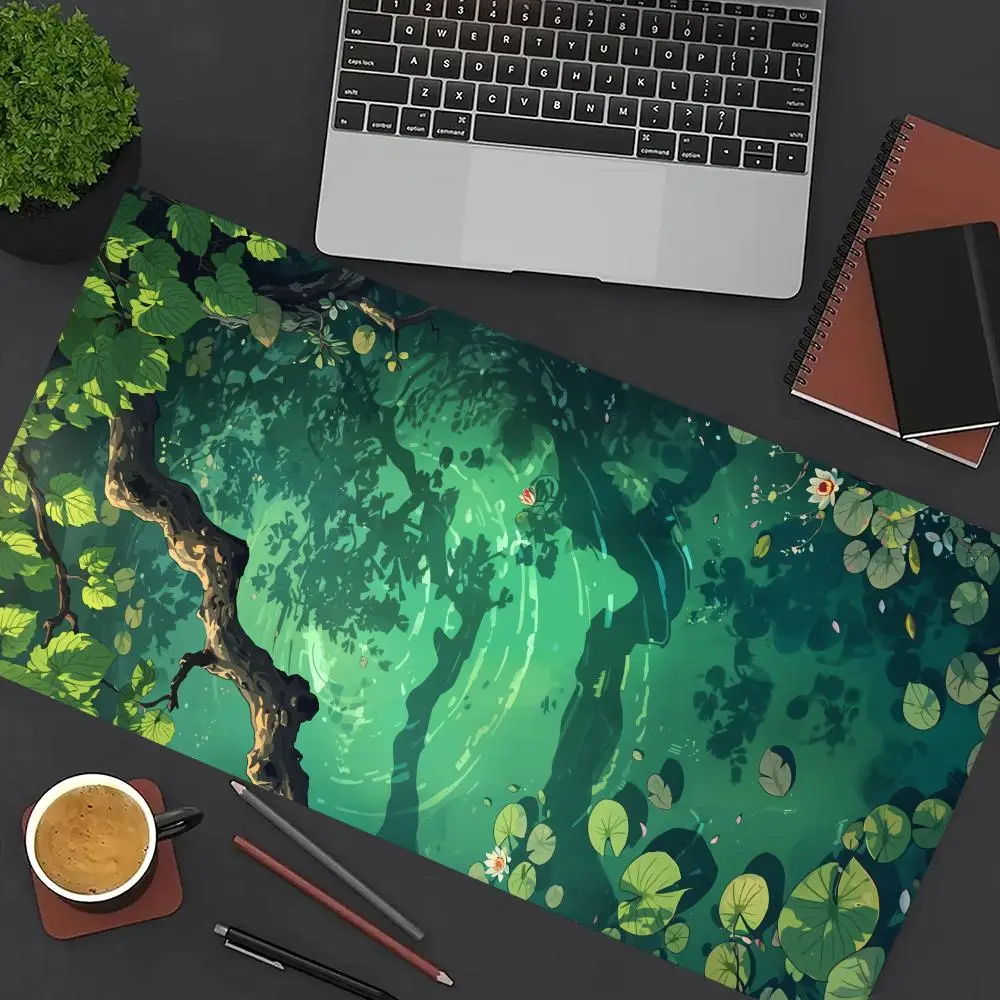 Lotus lagoa verde mouse pad grande computador escritório jogo tapete de mesa xxl borracha antiderrapante bordas costuradas teclado tapetes de mesa longos