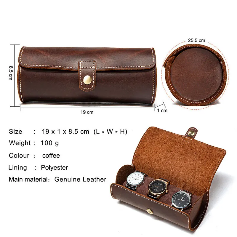 Cow Leather 3 Slot Watch Box Handmade Watch Roll Travel Case Wristwatch Pouch Exquisite Retro Slid in Out Organizer