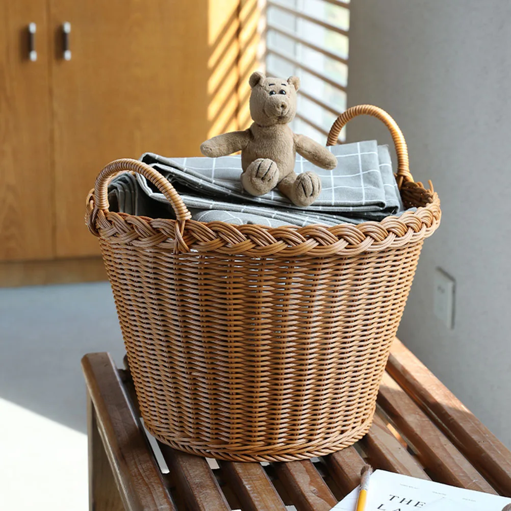 

Imitation Rattan Basket Shallow Brown Portable Handle Simulated Rattan Woven Laundry Basket Storage Hamper Clothes Baskets Home
