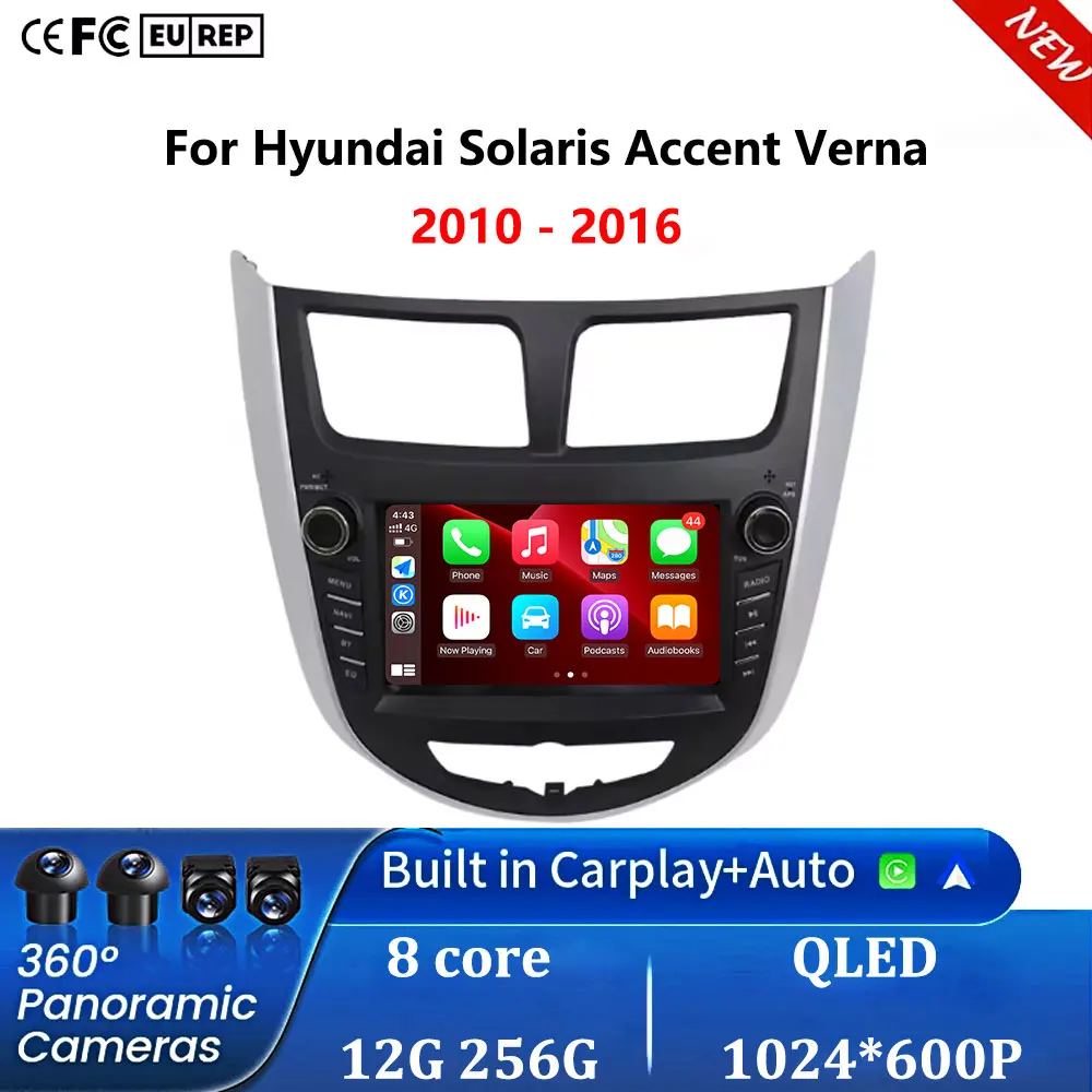 Автомобильный мультимедийный плеер с Carplay, GPS-навигацией, Bluetooth, Wi-Fi, DSP, стереосистемой Android 16 для Hyundai Solaris Accent Verna 2010 - 2016.