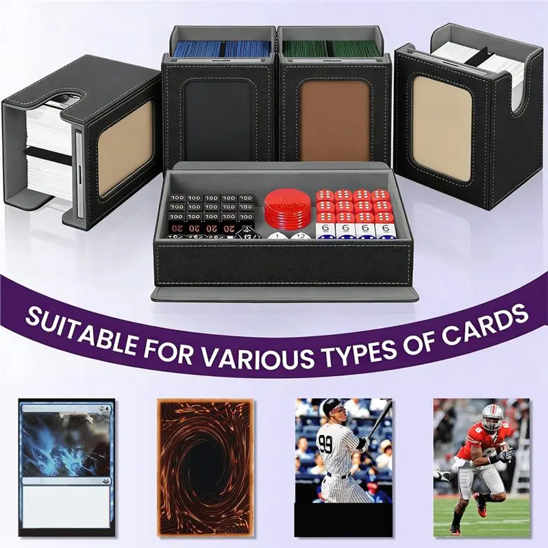 Magnetic Trading Card Storage Box With Window, Removable Deck Case With Handle For Sports Cards Black+Gray