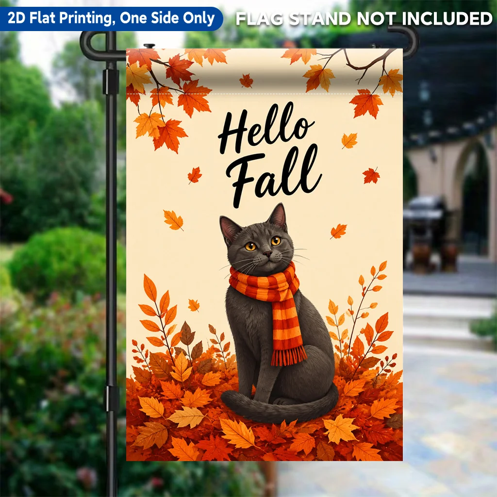 2D Flat Garden Flag 1 Piece, Grey Cat Autumn Leaf Warm Scarf Single-sided Printed Garden Flag, Polyester Material