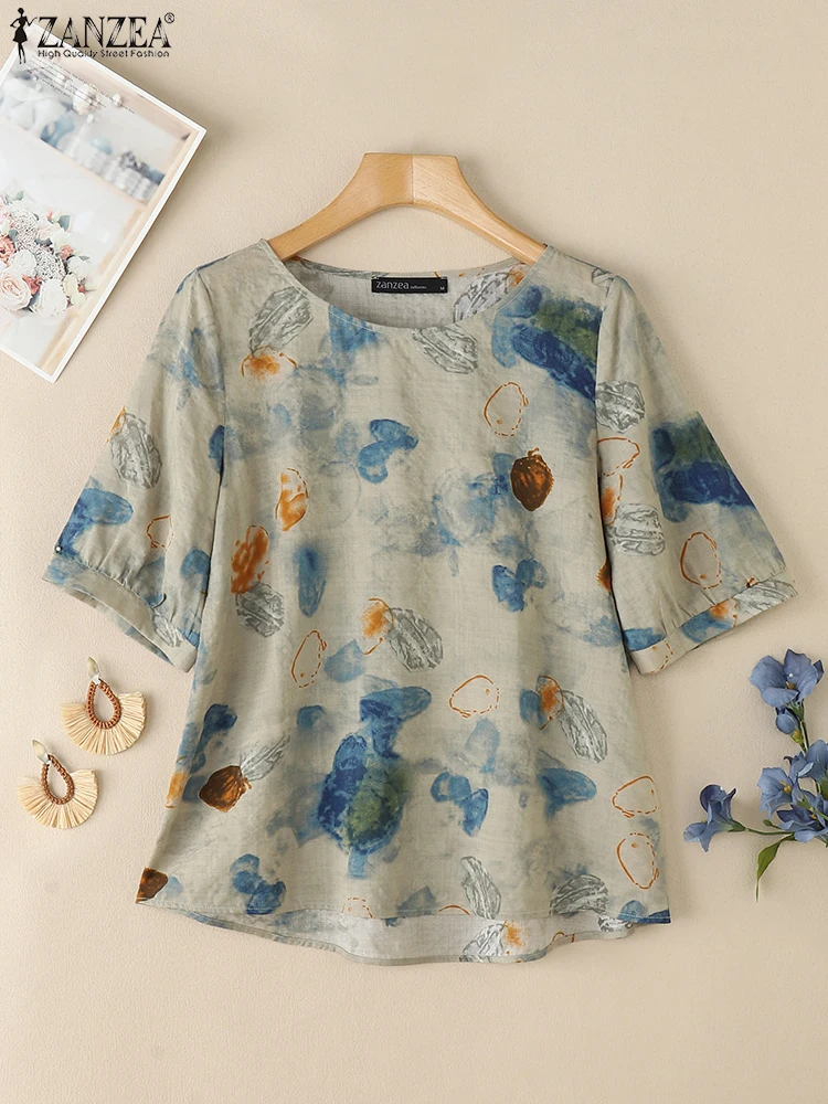 

2025 ZANZEA Summer Blouse Women Vintage Short Sleeve Floral Printed Tops Retro Shirt Casual O Neck Holiday Blusas Tunic Oversize