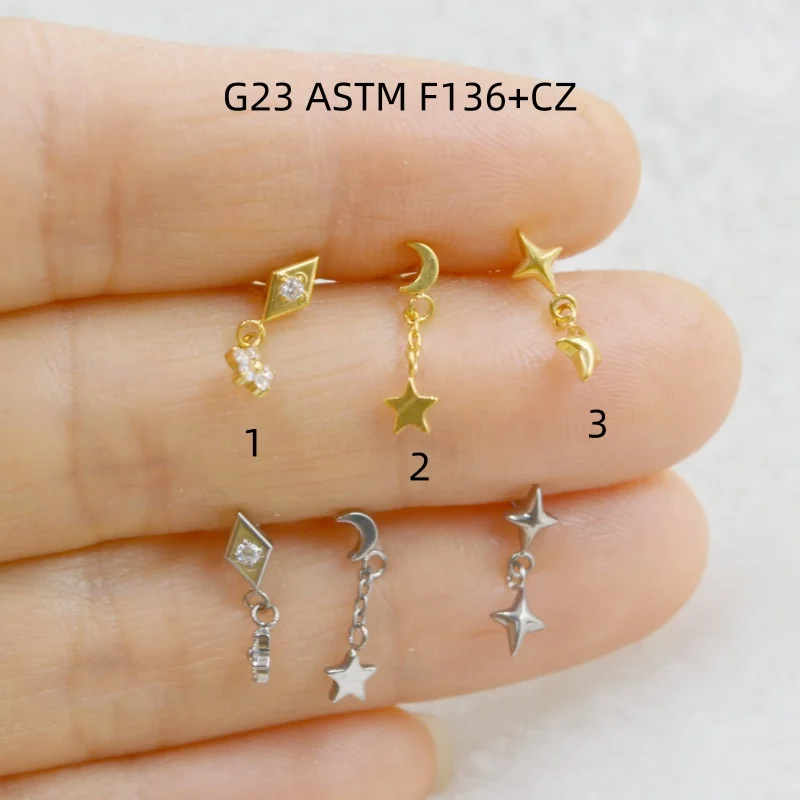 10pcs G23 Astm F136 Titanium Piercing Jewelry CZ Lip Labret Bar Chain Ear Cartilage Helix Rook Tragus Studs