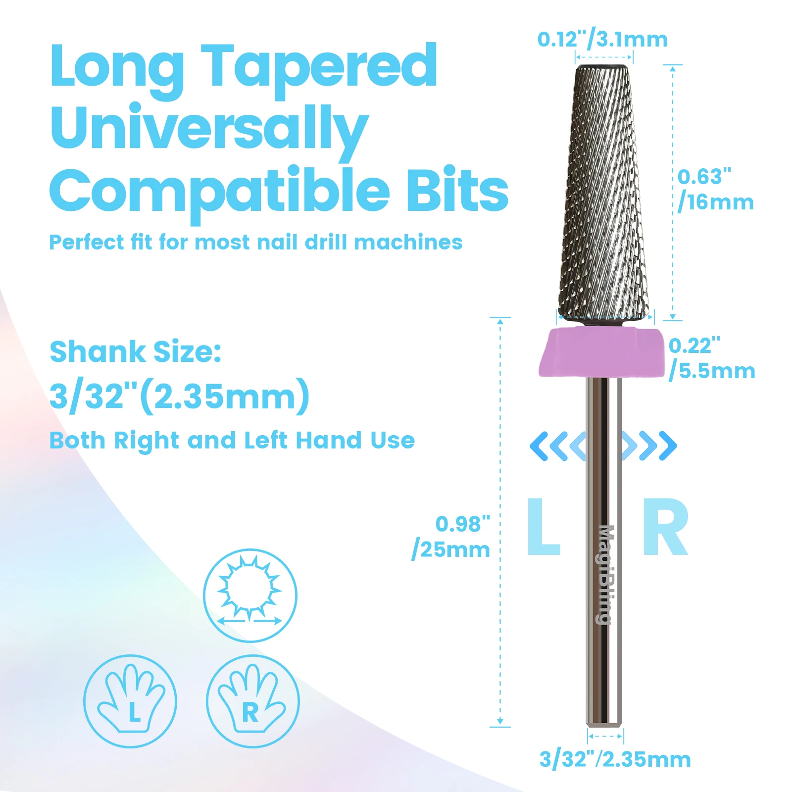 MagiBling 16mm 5in1 ネイルドリルビット 超硬テーパービット 右左両用 ジェル除去 アクリルネイルカッター マニキュアツール 3/32インチ