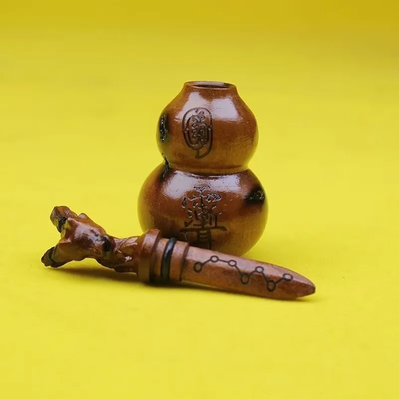 Hand Carved Wooden Gourd Sword, Chinese Traditional Craft Mini Figurine Desktop Ornament Collectible Gift