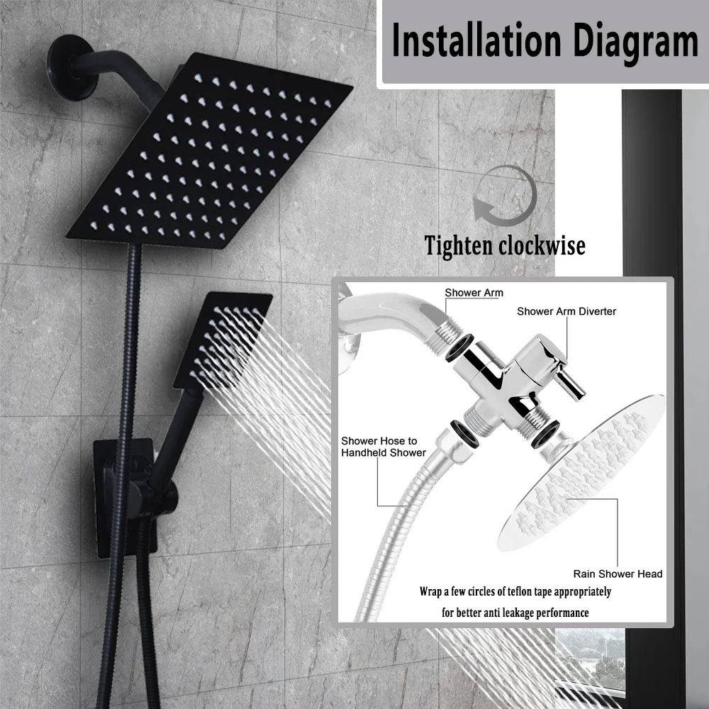 

High Pressure Square 8 Inch Rain Shower Head Shower Accessorie Bathroom Top Shower Head Set Black Handheld Shower Spray