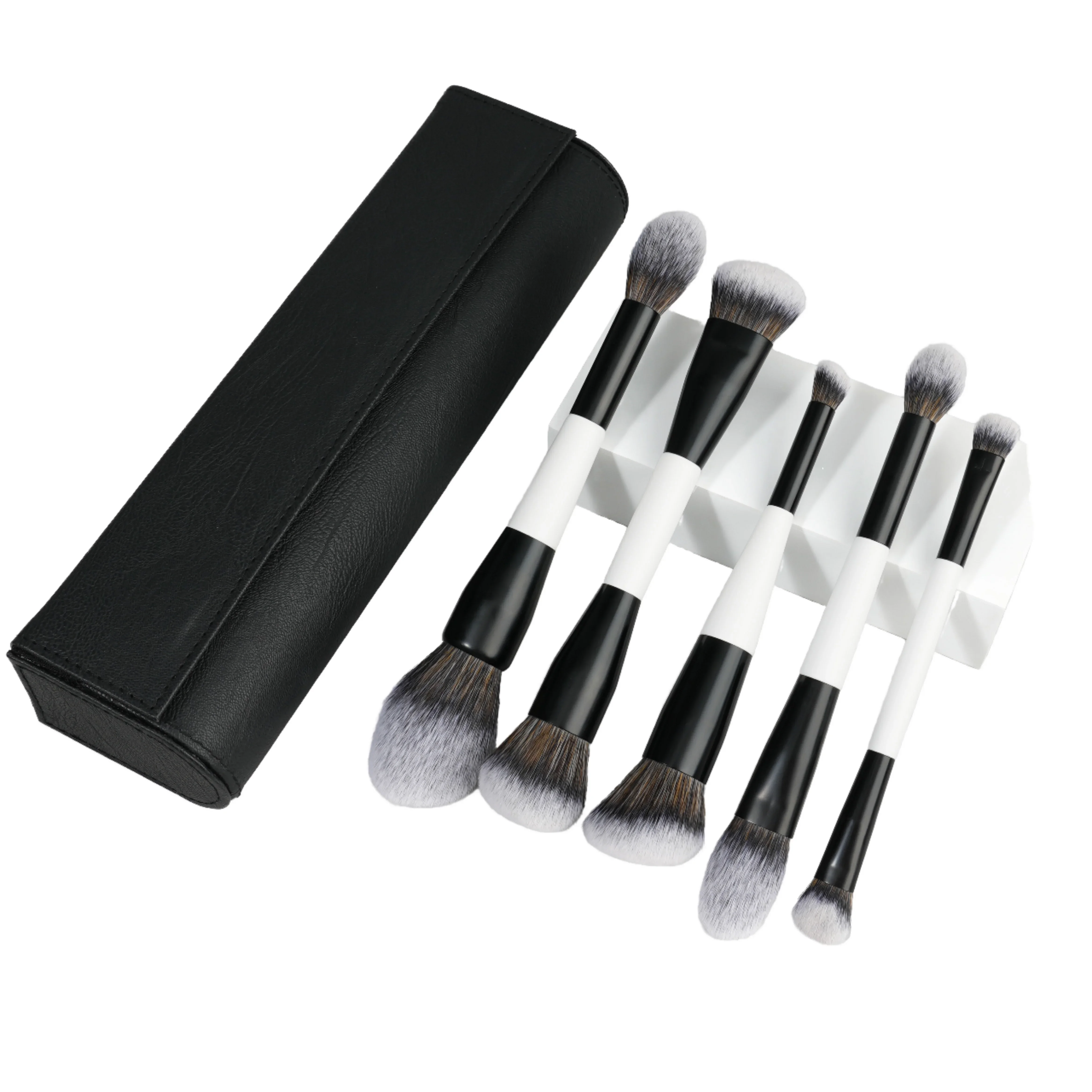 Trending Professional Custom Double Ended Makeup Brushes Set Black White Handle Foundation Blending Brushes Kits with Bag