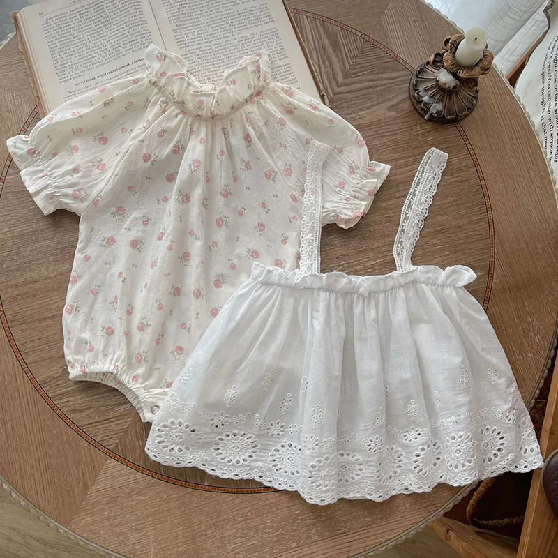 

Новинка 2023 года, летняя детская одежда для детей 0-24 месяцев, боди для маленьких девочек + жилет, юбка, хлопковый костюм с короткими рукавами в корейском стиле, альпинистский костюм