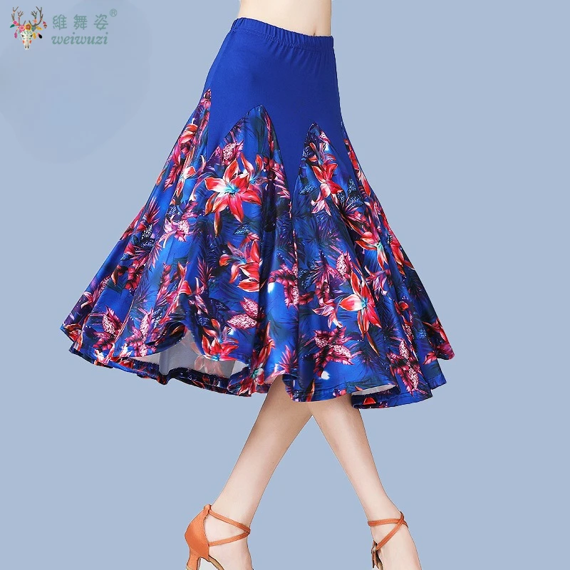 National Standard Walzer Flamenco Kostüme Frau Latin Dance Print Rock elastische Taille floral mittellanger Ballsaal Faltenrock