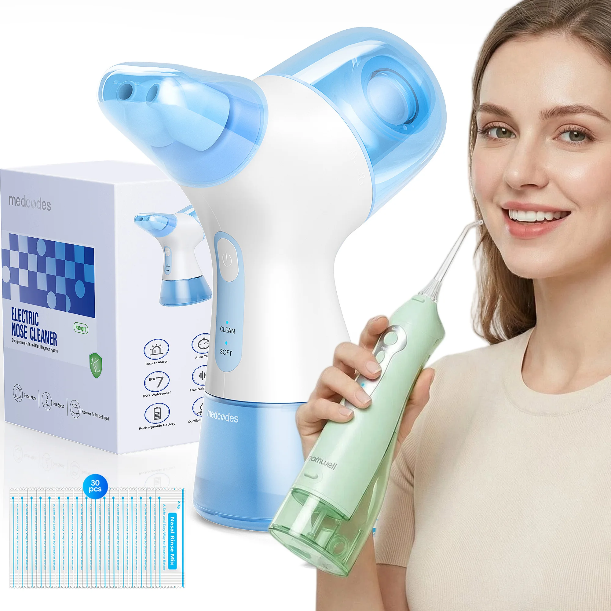 

Dual Powered Nasal Irrigation System Nasal Rinse and Sinus Decongestant Relief System with Water Flosser Set, 30 Saline Packets