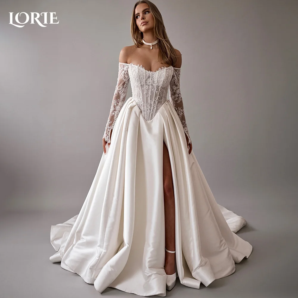 

LORIE Vintage Lace Wedding Dress A-Line Off Shoulder Applique Long Sleeve Bridal Gown Princess Slit Corset Bride Gown Customized