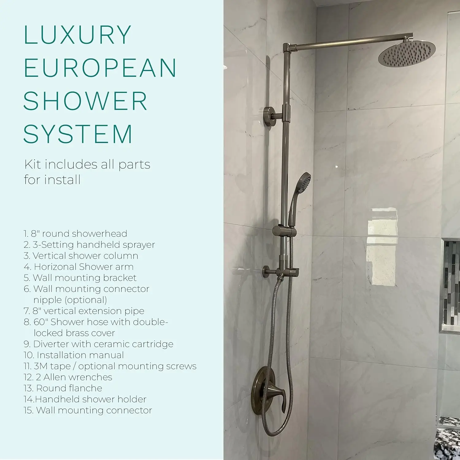 3 Retrofit Rain Shower System,3-Setting Handheld Shower Combo with Slide Bar,8