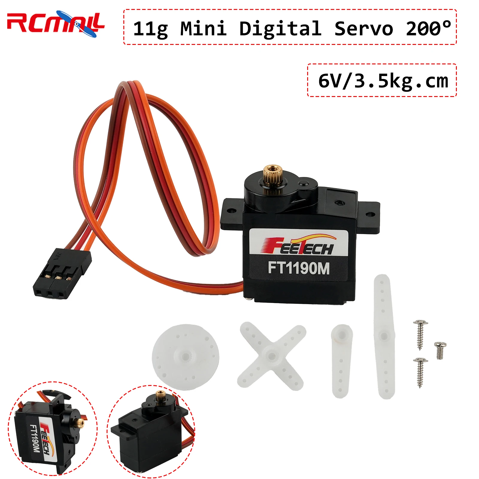 11g Mini Digital Servo 6V/3.5kg.cm 200 Degrees Plastic Shell Copper Metal Gear Coreless Motor Robot Arm Servo for RC Baja Cars