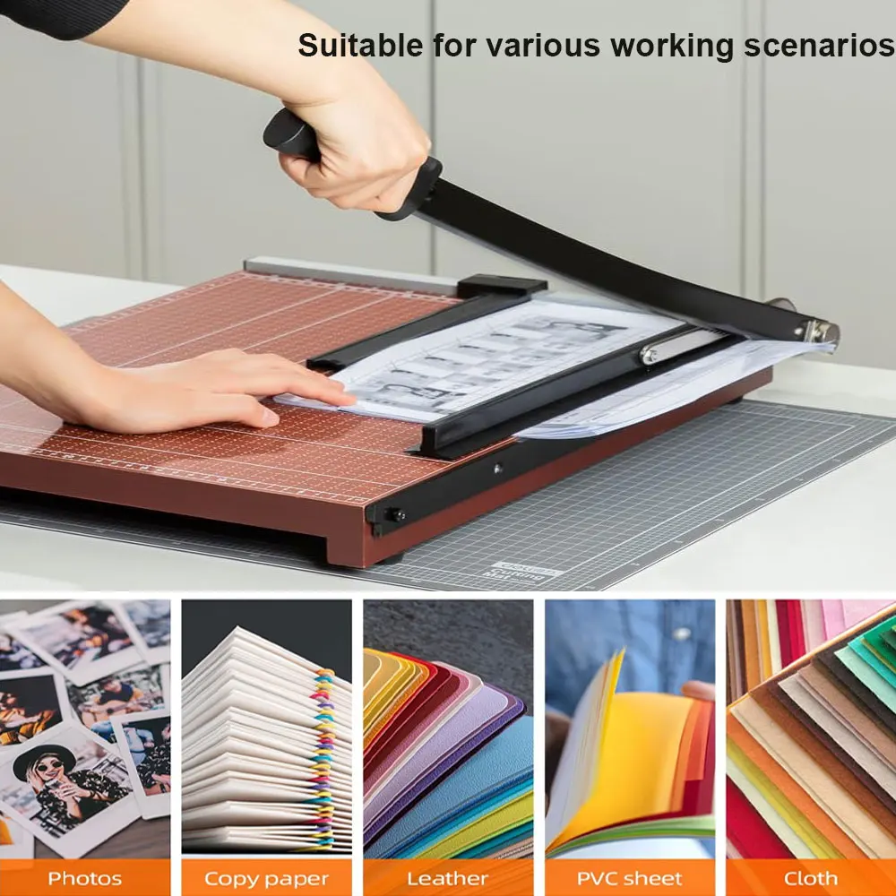 

Heavy-duty manual paper cutter, craft paper cutter with safety guard and blade locking device - 12-sheet capacity.