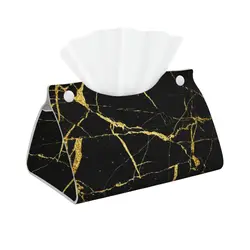Custom Luxe Black And Gold Marble Print Tissue Box Cover Rectangular PU Leather Modern Geometric Facial Tissues Holder for Home